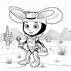 female superhero bee in a desert holding pick and rope oasis in background