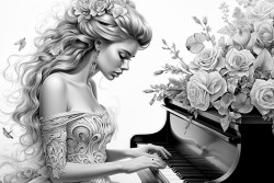 femme jouant du piano avec des fleurs