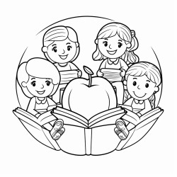 a group of six different fruits each reading a book and sitting in a circle setting is simple classroom style is cartoon