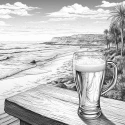 hand holding a beer glass with beach in background
