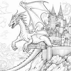 a dragon flying over a castle