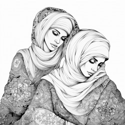 2 beautiful hijabi girls wearing flowing dresses sitting one girl has her head on the other girls shoulder