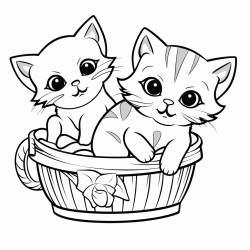 a kitten in a basket with a cat sitting beside the basket