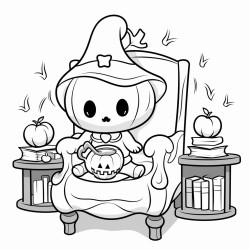 a cute ghost in a witchcrafting room sitting down on a armchair