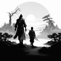man and son walking into the sunset shadows portray samurai silhouette