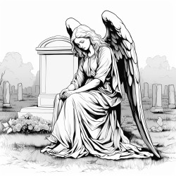 a somber angel with large dark wings kneeling at a gravestone