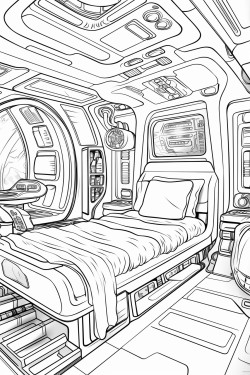 space ship cabin c bed with screens with desk space futuristic detail