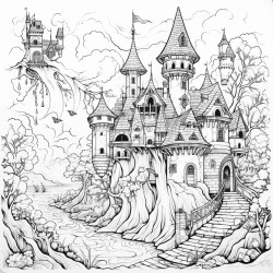 a magical halloween castle with turrets and a witch flying above