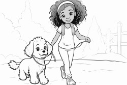 beautiful  african american young girl walking confidently strong and courageous while with cute fluffy puppy