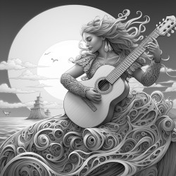 mermaid playing guitar on a moon