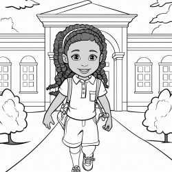 an african american little girl with two long braids entering her school building on the first day of school カラーリングページ