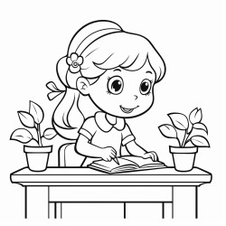 a girl sitting in a desk with a pencil in her hand