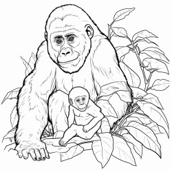 mountain gorilla  a mountain gorilla sitting under a tree cradling a baby gorilla with large leaves around them