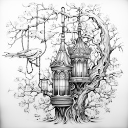 a gothic lantern hanging from a twisted tree branch with bats flying in the background