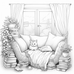 cozy reading nook  a window seat with fluffy cushions a soft blanket and a stack of kawaiithemed books