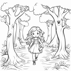 a young girl walking down a path surrounded by towering trees with whimsical twisted branches and oversized leaves