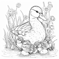 mother duck with baby ducks in a nest