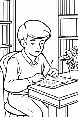 a man sitting at a desk and eating a book