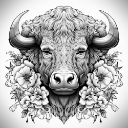 bison front pose highly detailed black outline mandalas theme floral elements no grayscale epic illustration masterpiece