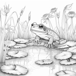 create a blackandwhite coloring page featuring cheerful frogs near a pond the frogs should have bold clear outlines with one sitting on a lily pad include details like rippling water reeds and dragonflies leaving ample space for easy coloring