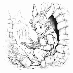 young elf reading a book  stone wall rabbit
