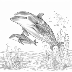 create a blackandwhite coloring page featuring playful dolphins swimming in the ocean the dolphins should have bold clear outlines with one jumping above the waves include details like swirling water patterns seaweed and small fish leaving ample space for easy coloring