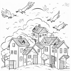 birds sauring above houses