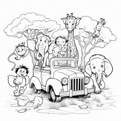 a lively safari scene with a jeep include animals like lions zebras elephants and giraffes with acacia trees