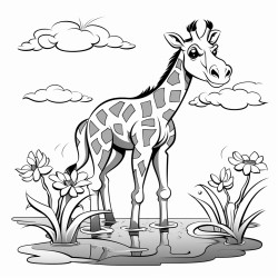 giraffe eating leaves in front of a pond