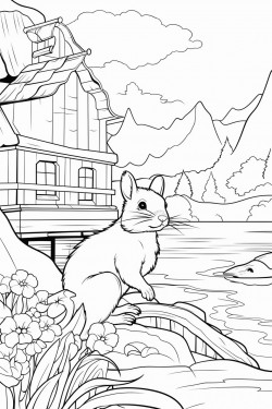 a squirrel switzerland landscape with a quaint stone house surrounded by flowers wooden dock extending into a lake