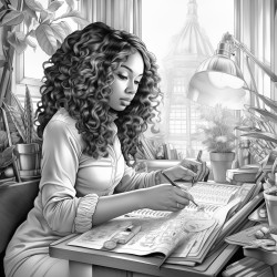 black woman with long hair counting money in a luxury room