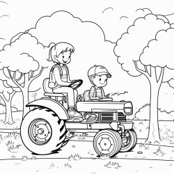 man on tractor with little girl sitting next to himm two trees in the distance