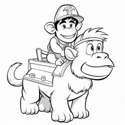 a cartoon monkey riding a cartoon moose to market