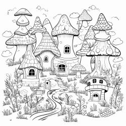 magical forest with mushroom houses etc