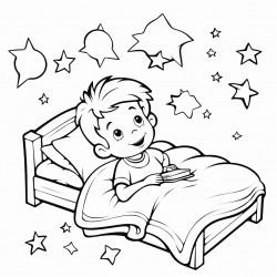 boy lying in a bed in a space ship looking out the ceiling at the stars