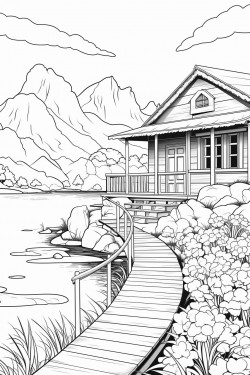 switzerland landscape with a quaint stone house surrounded by flowers wooden dock extending into a lake