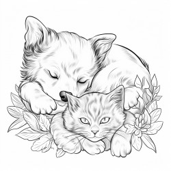 a kitten and a puppy taking a nap together