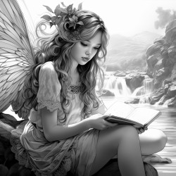 fairy reads book by river
