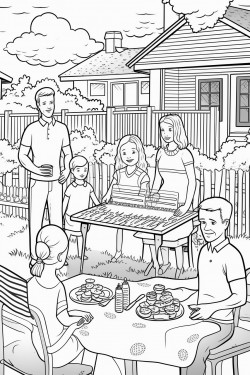 family bbqing in backyard with fourth of july decor all around