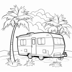 a caravan with some palm trees behind it