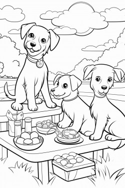 picnic scene in the park with sandwiches fruits and playful puppies