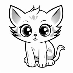 a black and white coloring page of a playful baby cat with big eyes clear background