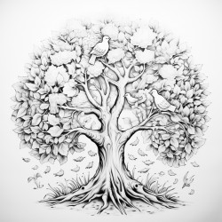 create a magical tree with mandla pattern on it and zentangle nature art with beautiful birds dancing around it