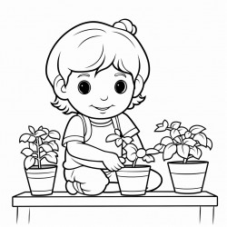 small girl with 2 ponytails working on a potted tomato plant