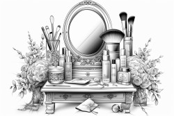 a chic vanity with an elegant mirror surrounded by makeup brushes foundations eyeshadow palettes and lipstick tubes