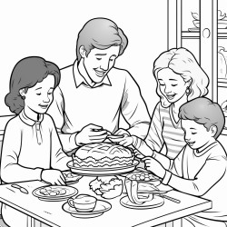 family sitting around kitchen table eating pie