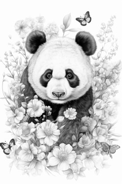 crea una panda jugando con mariposas en una pampa primaveral