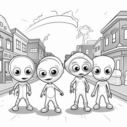 a group of aliens standing in the middle of a street