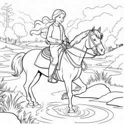 a horsewoman swin on her pony in a lake surrounded by a forest