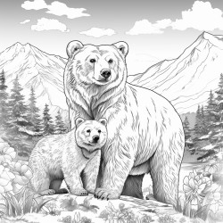 a beautiful grizzly bear and cub with a mountain range in the backround